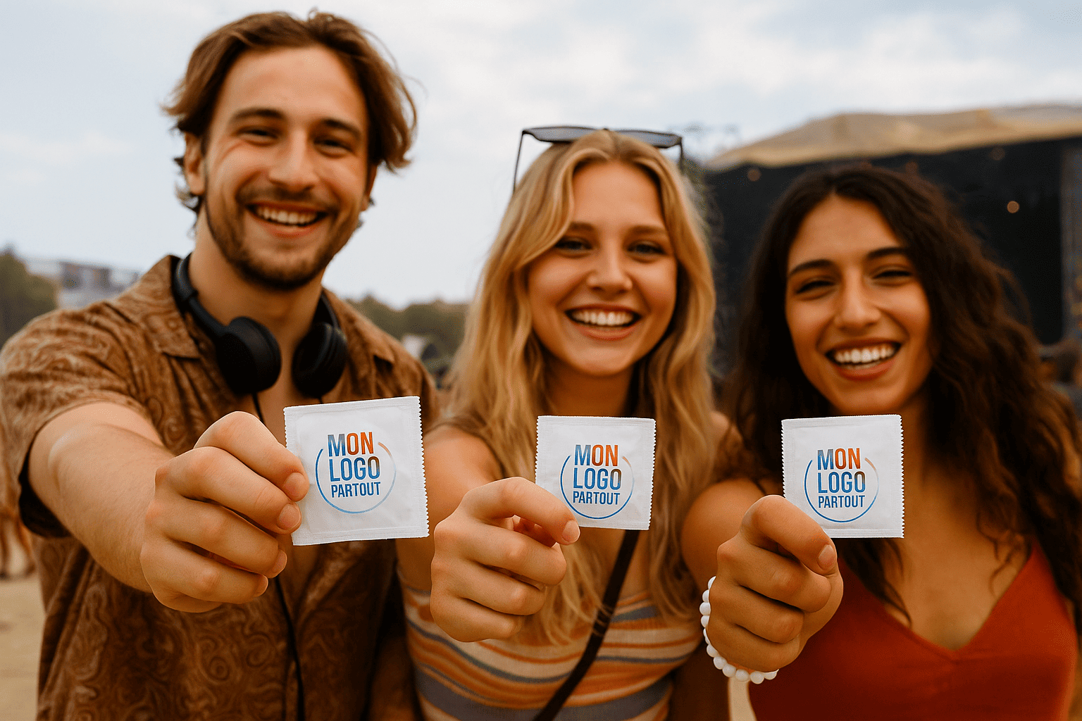 Jeunes en festival avec des préservatifs personnalisés